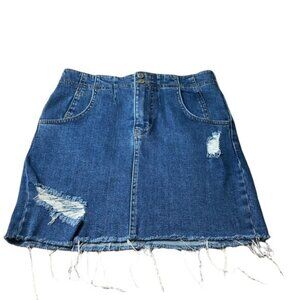 Free People Distressed Denim Mini Skirt Belted Frayed Hem Size 4
